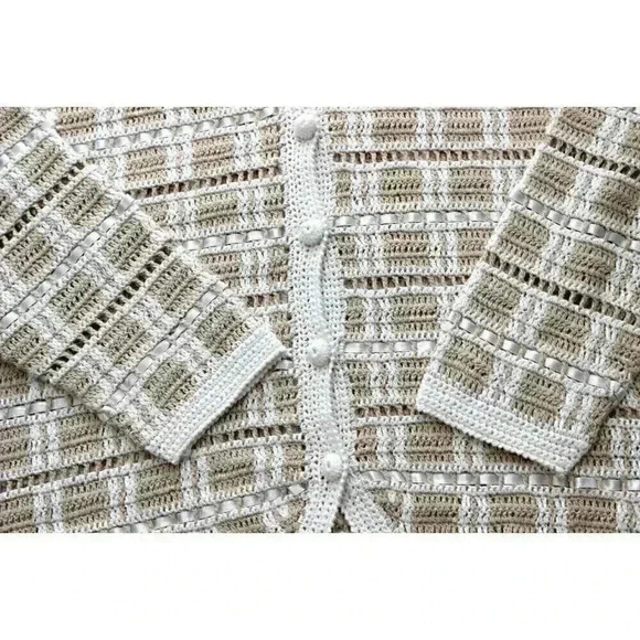 Vintage 70s Garland Women's Size L Ivory Cream Open Knit Button Cardigan Sweater - Picture 5 of 10